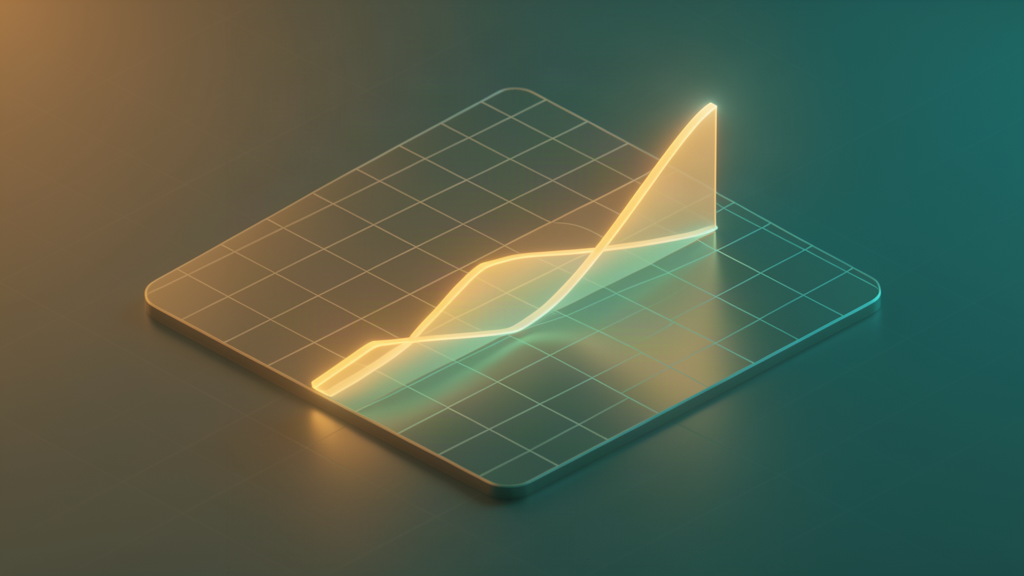 3D isometric glowing line chart with a shaded confidence band forecasting demand