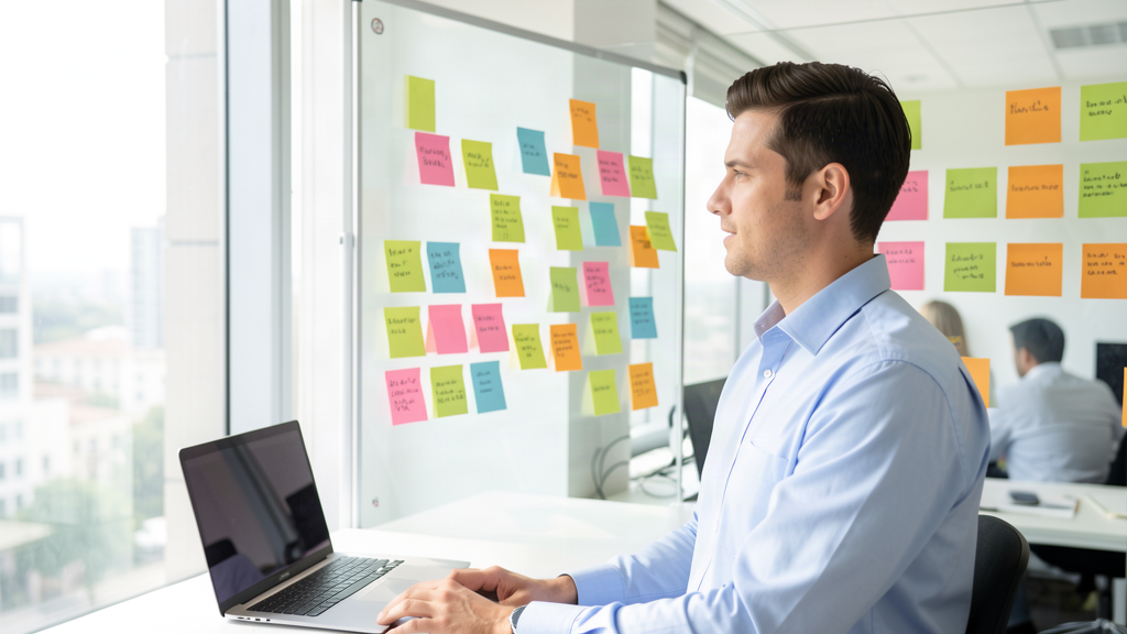 Editorial photo of a marketer studying a whiteboard of sticky notes and a laptop