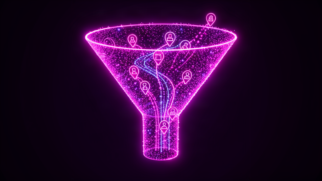 Neon glowing sales funnel made of flowing particles representing AI lead generation