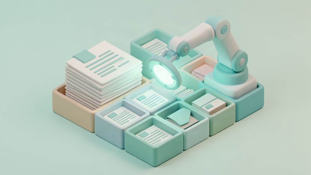 3D isometric render of paper documents being sorted and filtered by a glowing robot arm