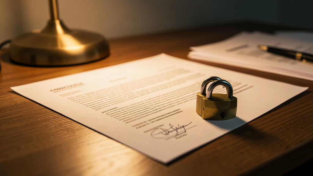 A confidential contract on a desk with a small padlock, symbolizing private AI document processing