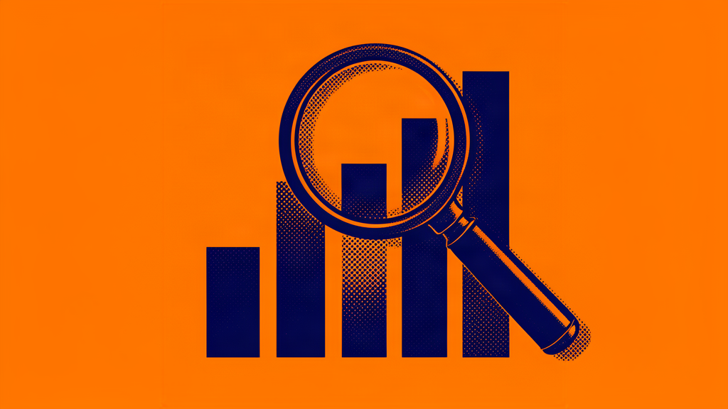 Duotone editorial bar chart with a magnifying glass over a single marketing metric